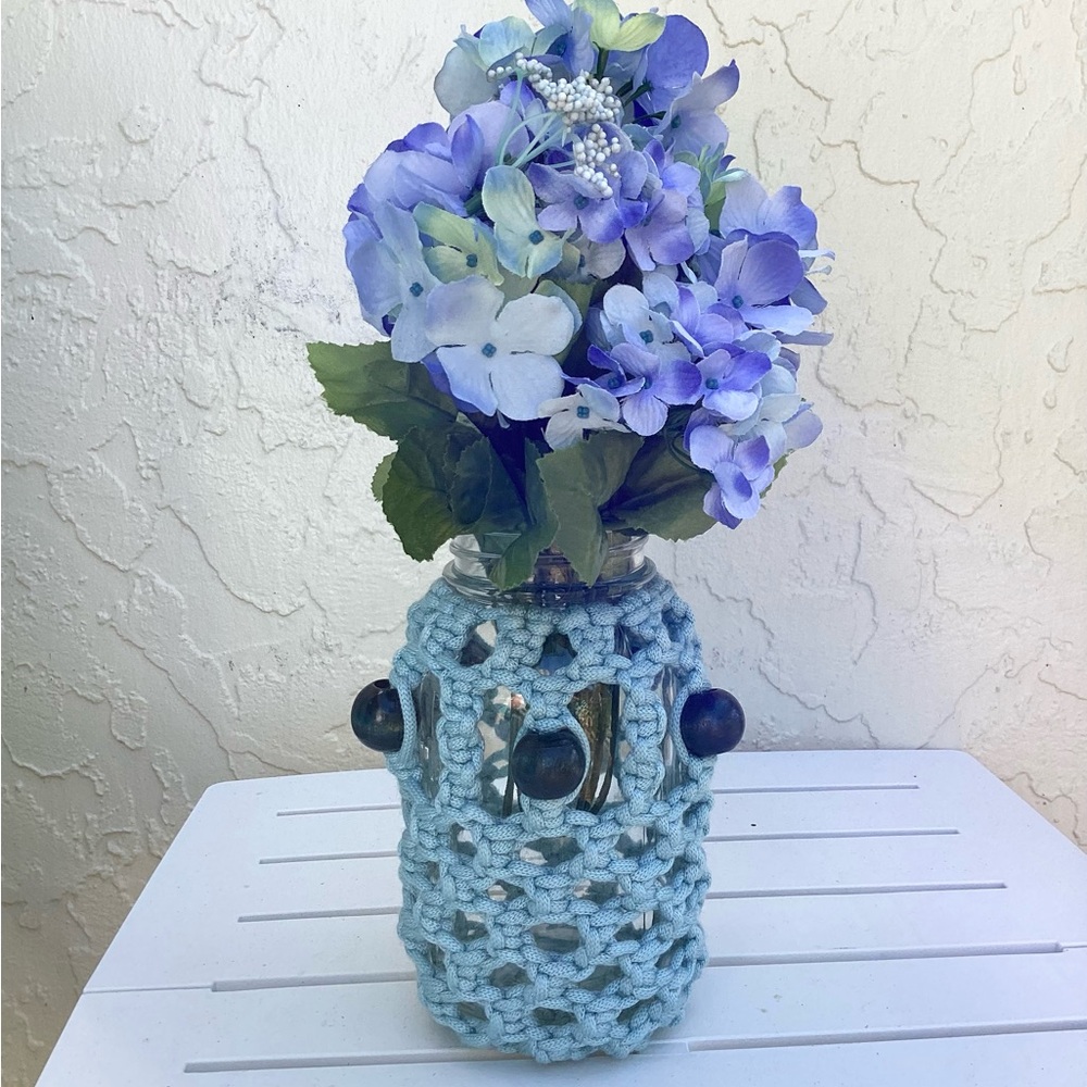 Vase Macrame Hand Crafted Floral Decor Accent Blue Navy Beads Botanical Gift - Picture 8 of 12